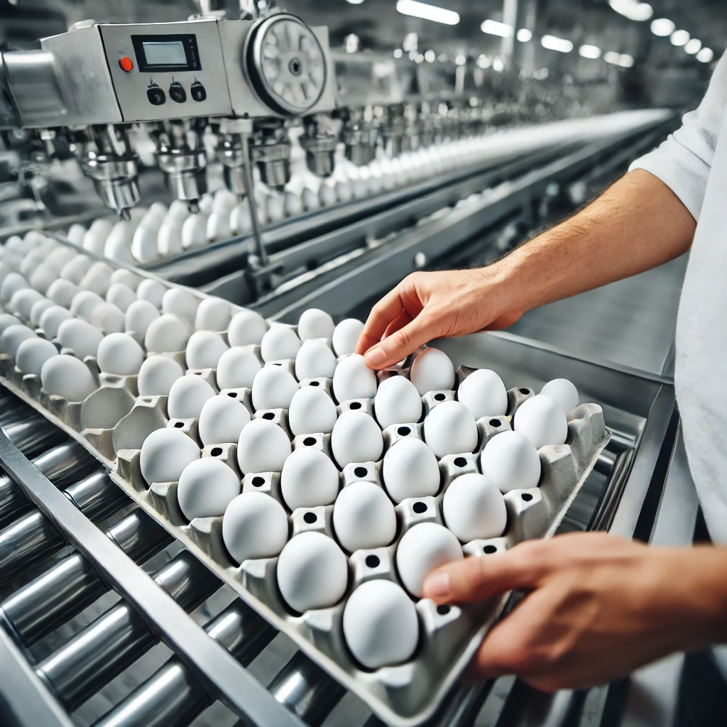 Worker carefully inspects eggs moving along a conveyor belt in a quality control section of an egg export facility.